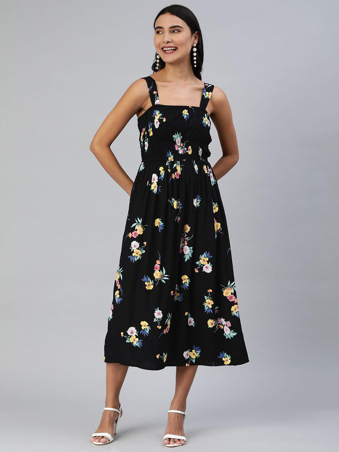 ani black & yellow floral print smocked midi fit & flare dress