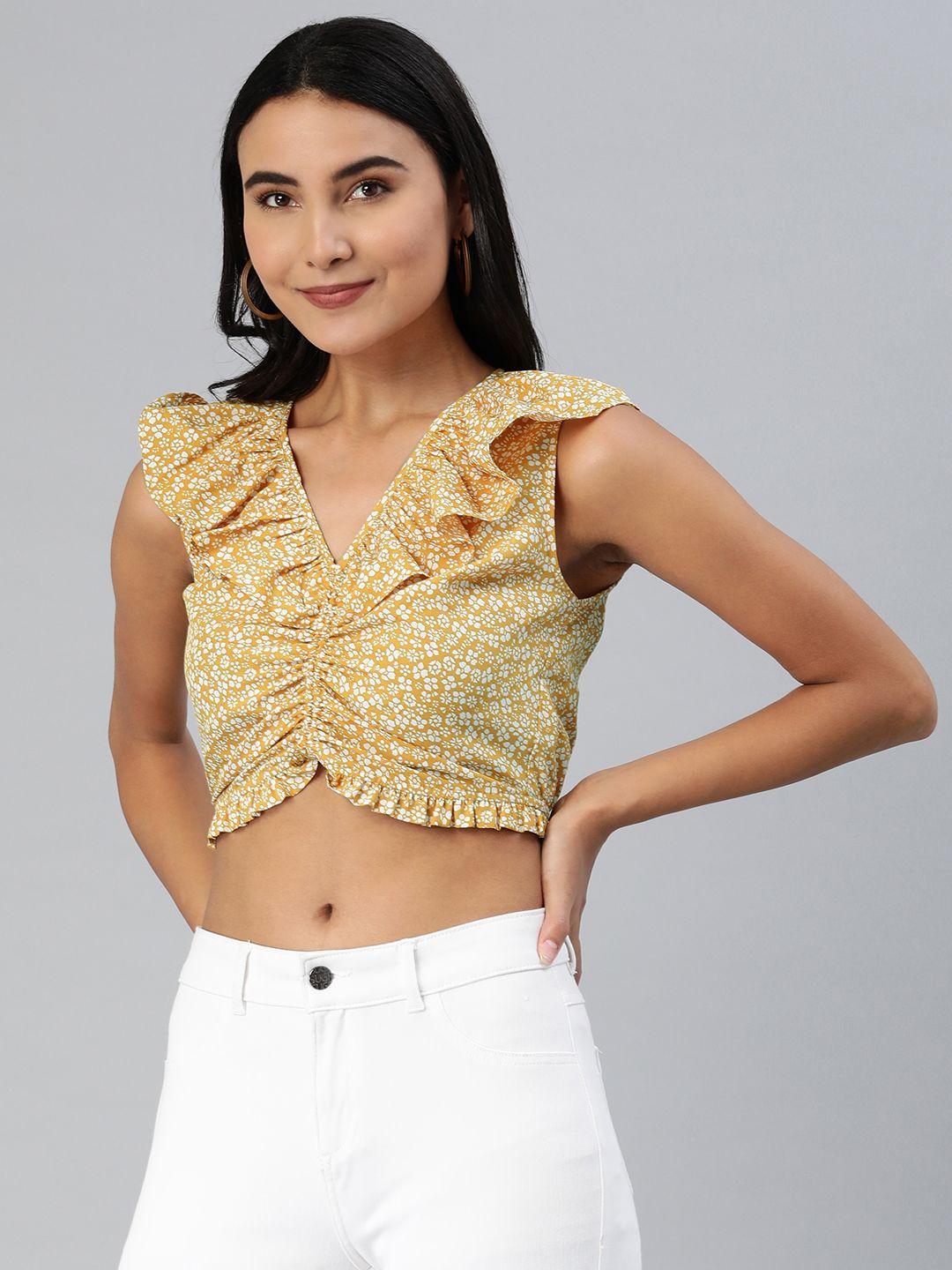 ani mustard yellow & white ditsy floral print ruched ruffles crepe crop top