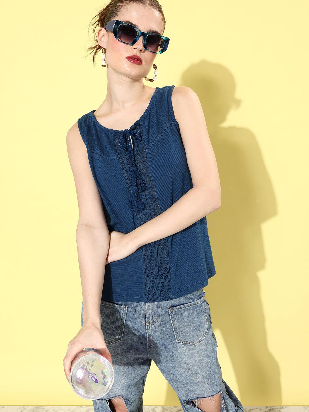 ani navy blue tie-up neck top