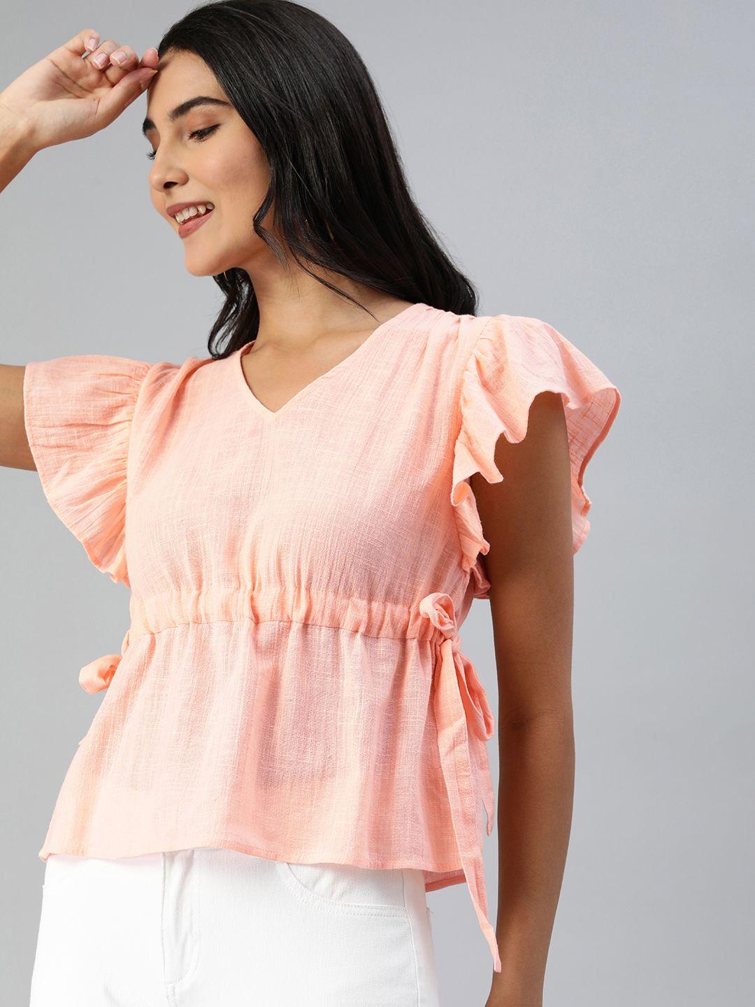 ani peach-coloured self design semi-sheer top with tie-ups & ruched detail