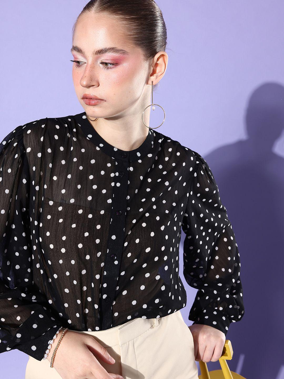 ani polka dot print mandarin collar puff sleeves chiffon shirt style top