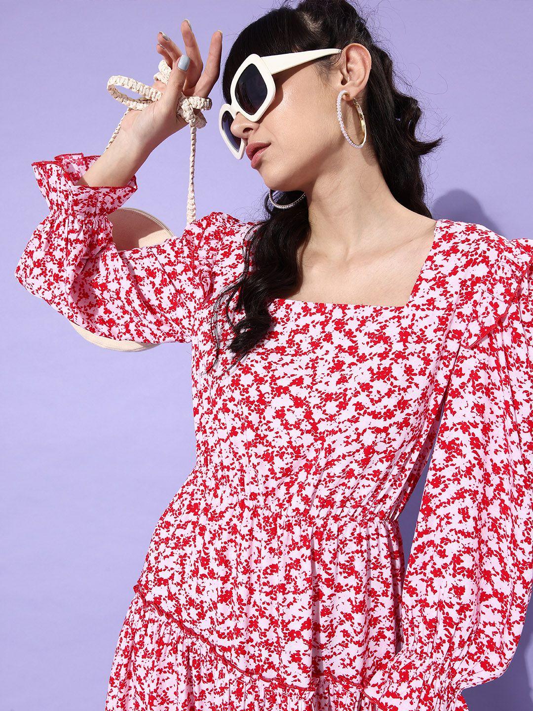 ani red & pink floral crepe dress