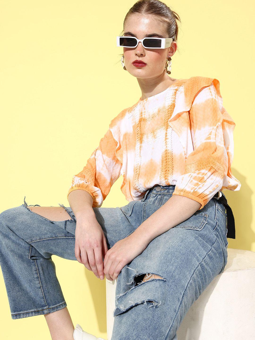 ani white & yellow tie and dye puff sleeves boxy crop top with ruffled detail