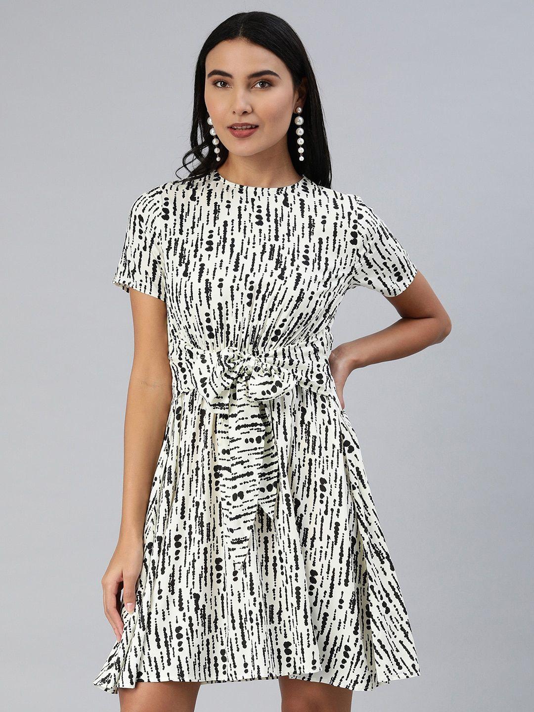 ani white abstract printed round neck tie-ups a-line dress