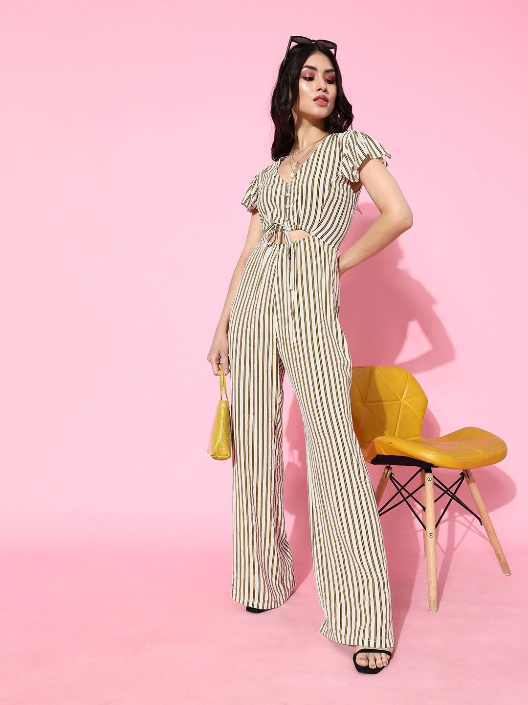 ani women beautiful off-white striped cinched waist jumpsuit