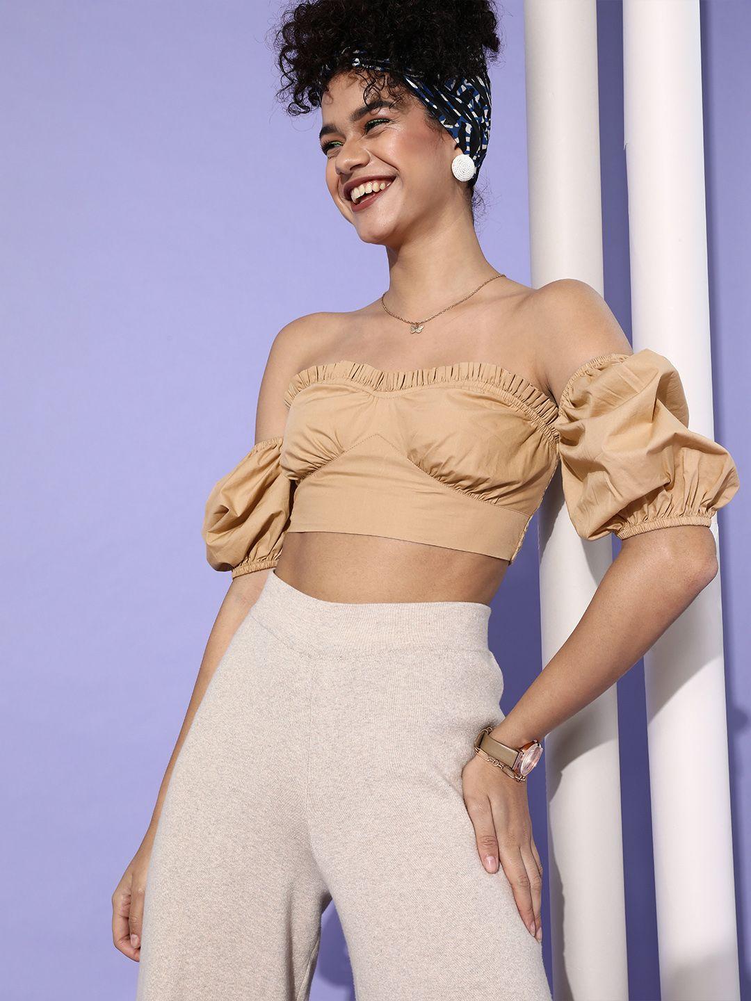 ani women classy beige solid cropped top