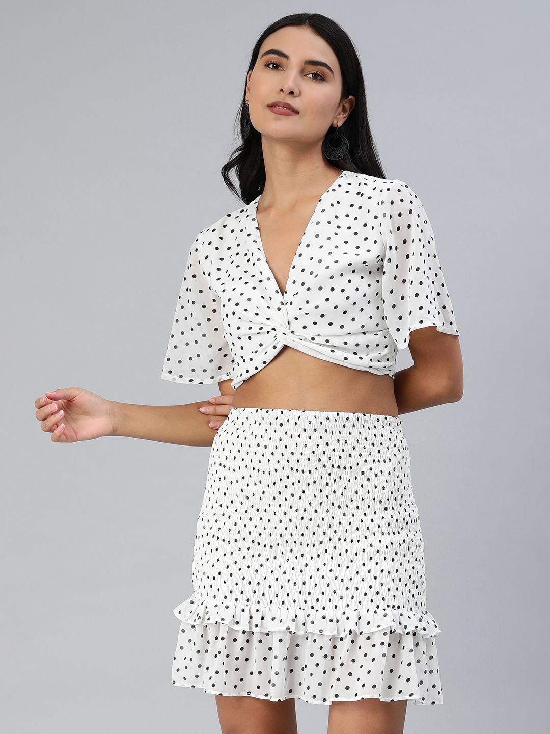 ani women white & black polka dot print top with skirt