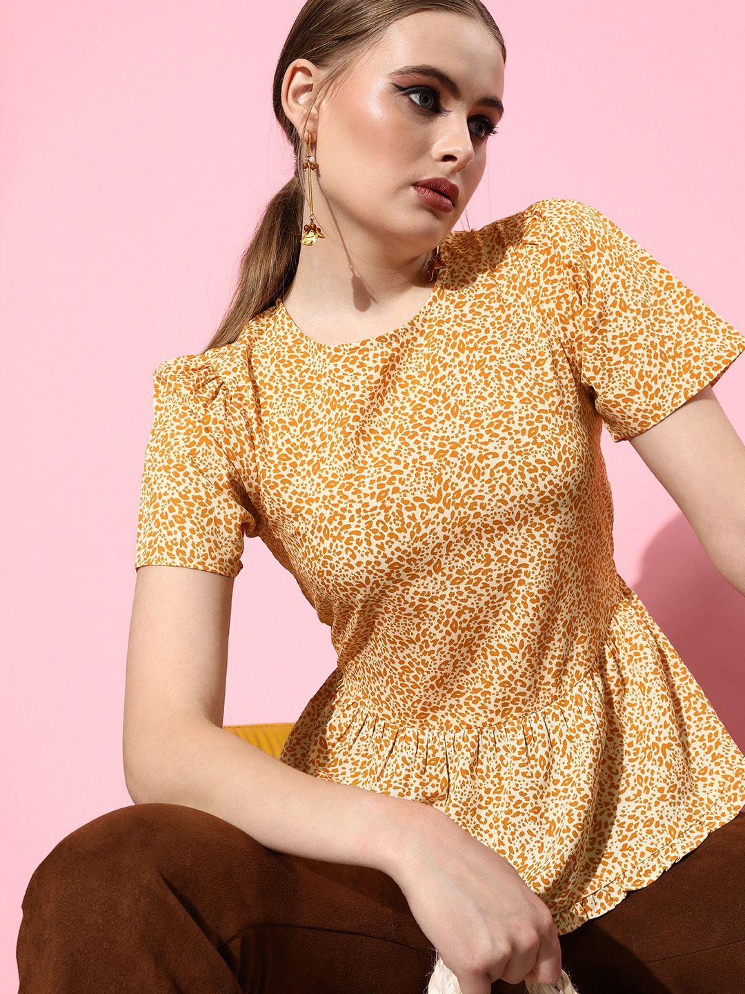 ani yellow & white animal print crepe puff sleeves peplum top