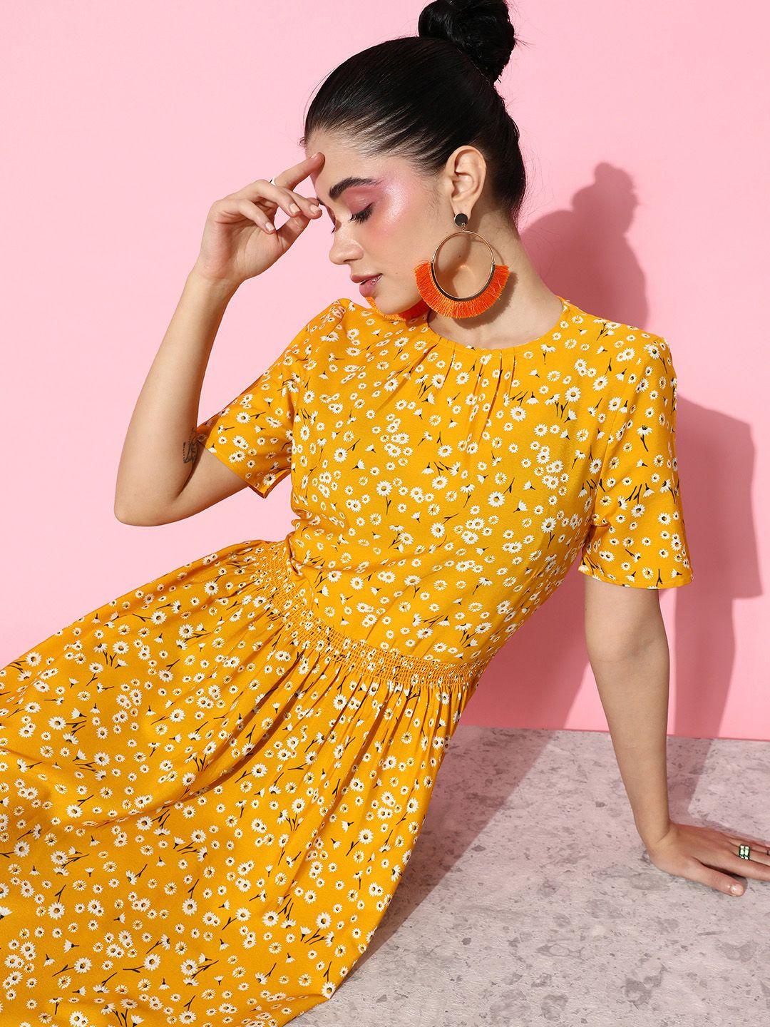 ani yellow floral print puff sleeves smocked crepe dress