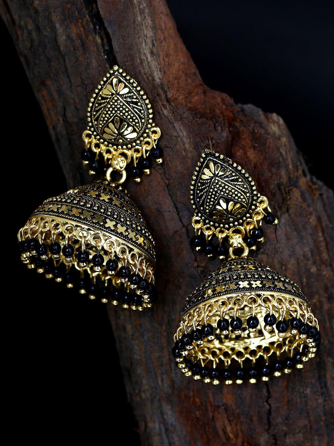 anikas creation gold plated & black dome shaped enamelled jhumkas