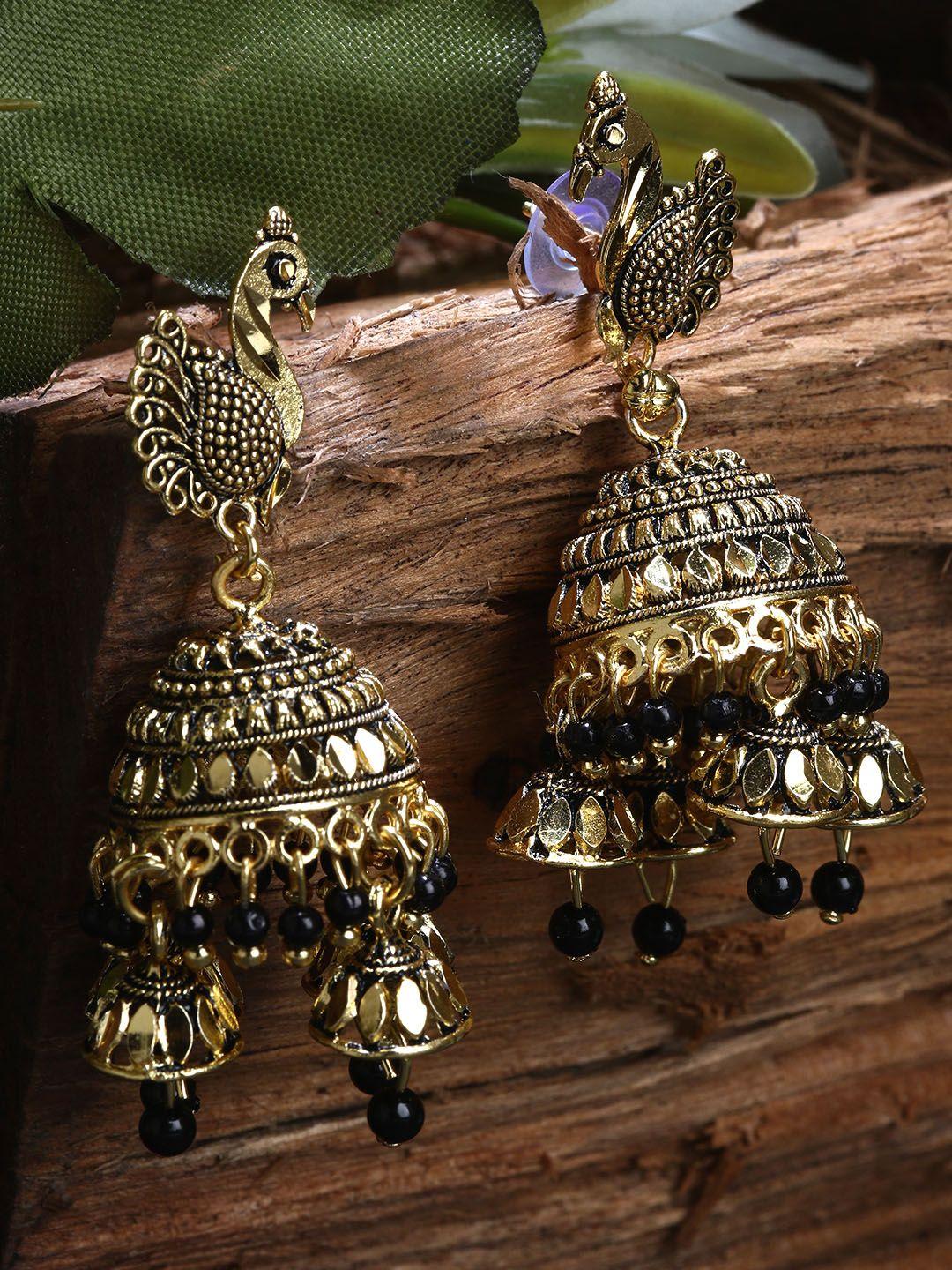 anikas creation gold plated & black enamelled peacock shaped jhumkas