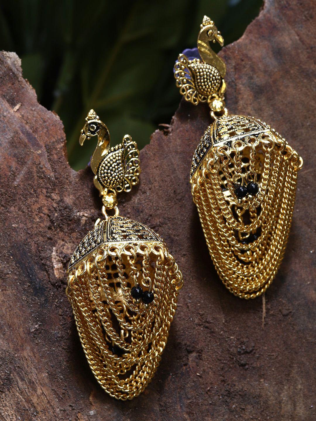 anikas creation gold plated & black jhumkas earrings