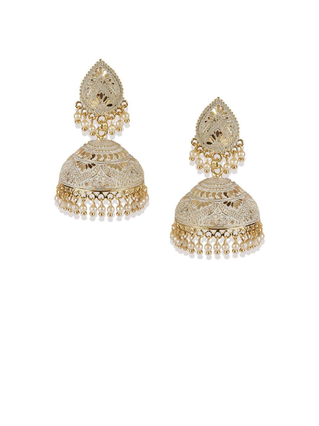 anikas creation gold-plated & white enamelled dome shaped jhumkas