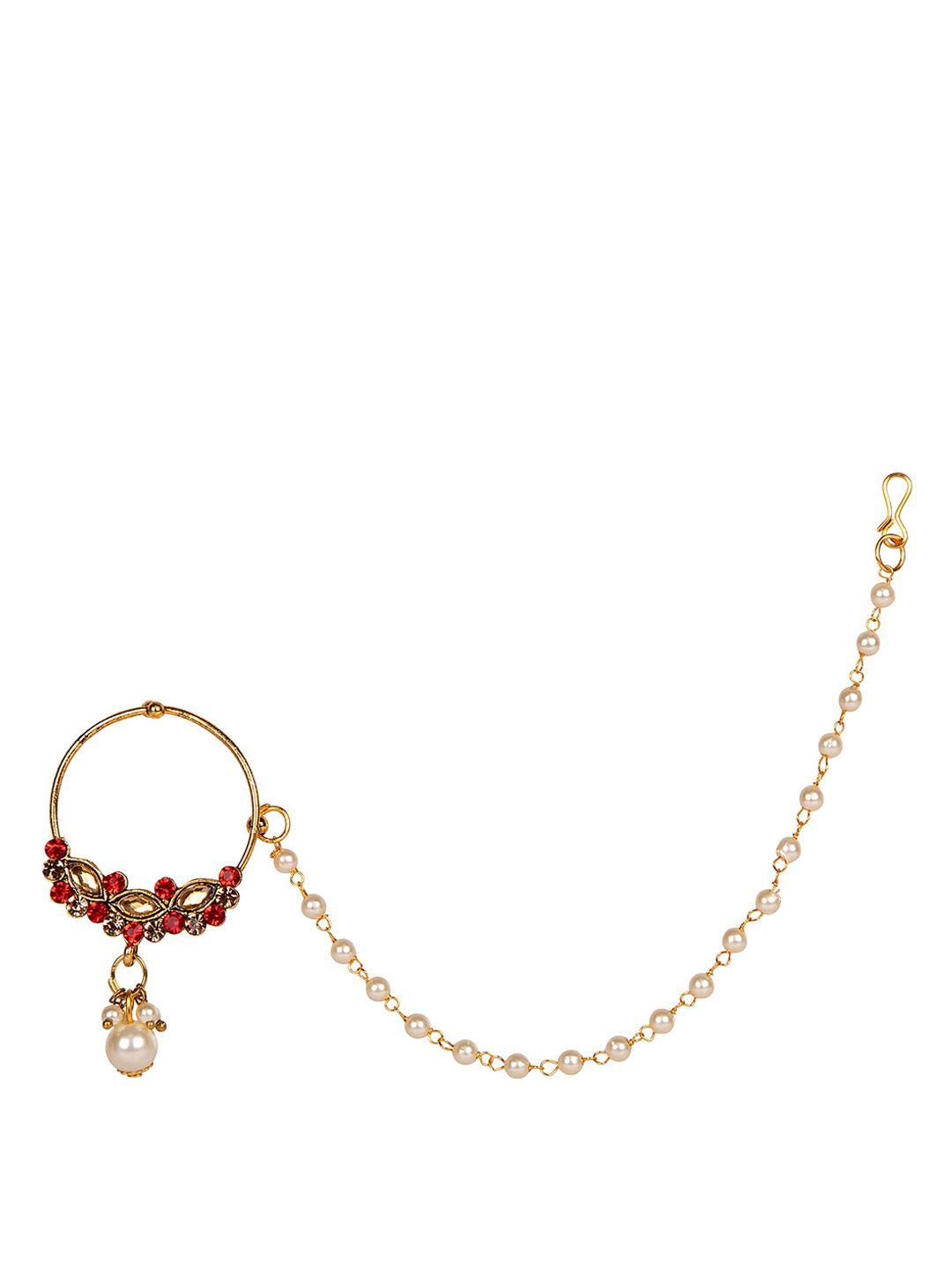 anikas creation gold-plated red & off white beaded & stone-studded chained nose ring