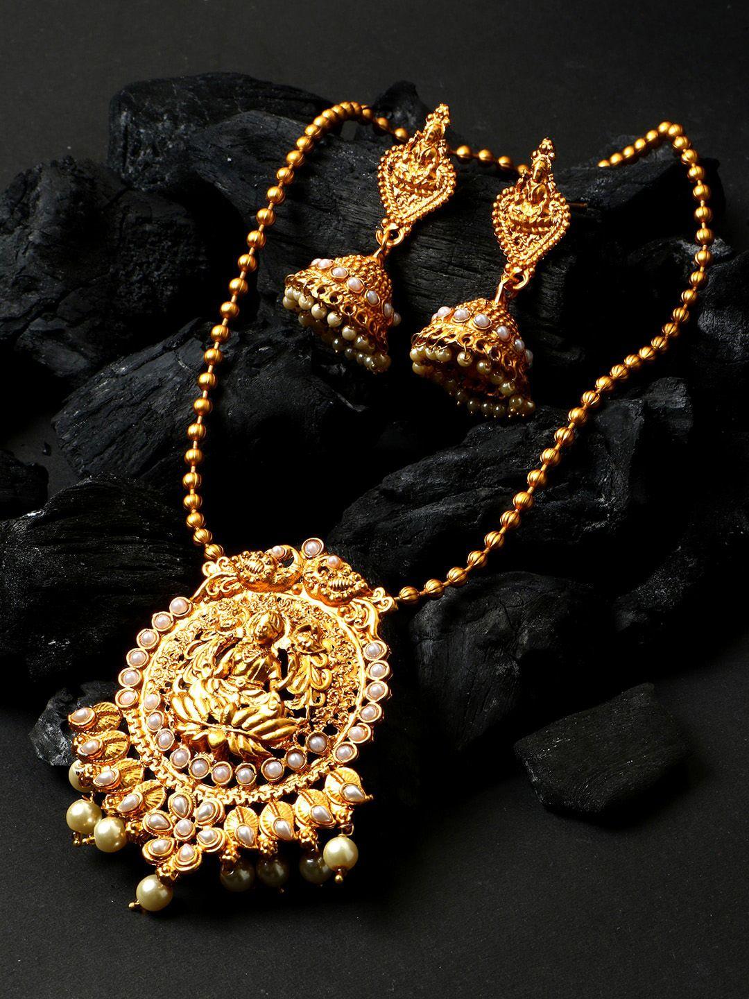 anikas creation gold-plated white stone-studded & beaded matte finish goddess lakshmi jewellery set