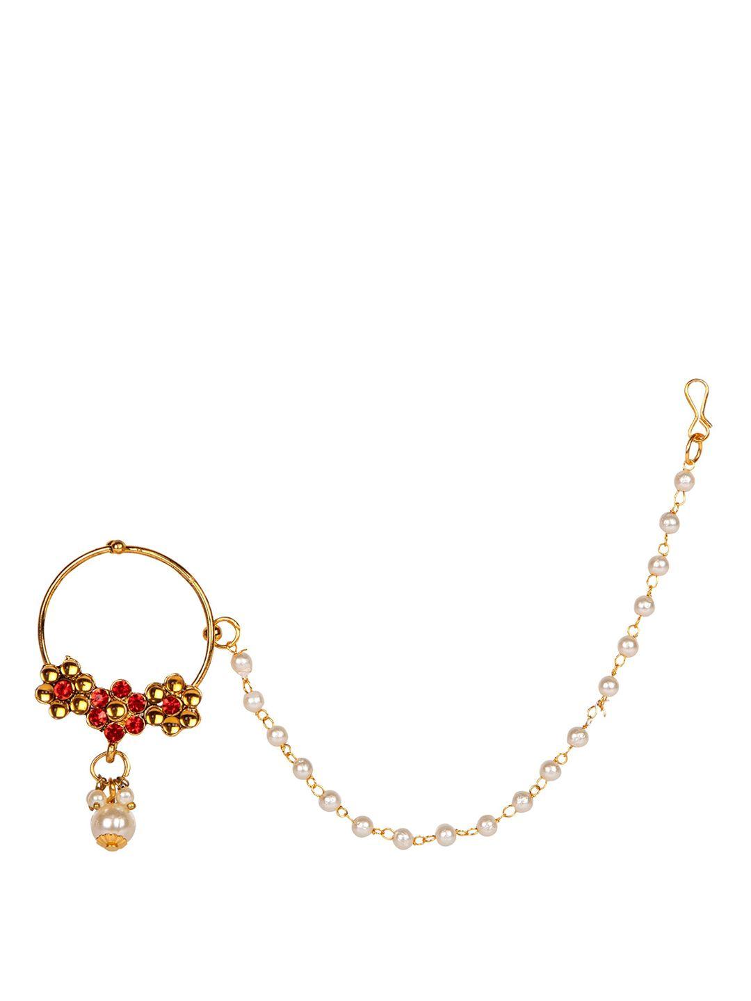 anikas creation red gold-plated beaded & stone-studded chained nose ring