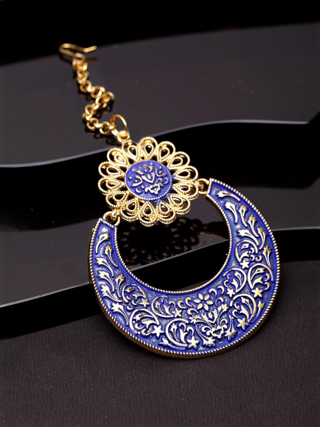 anikas creation gold-plated & blue enameled hand painted traditional maang tikka