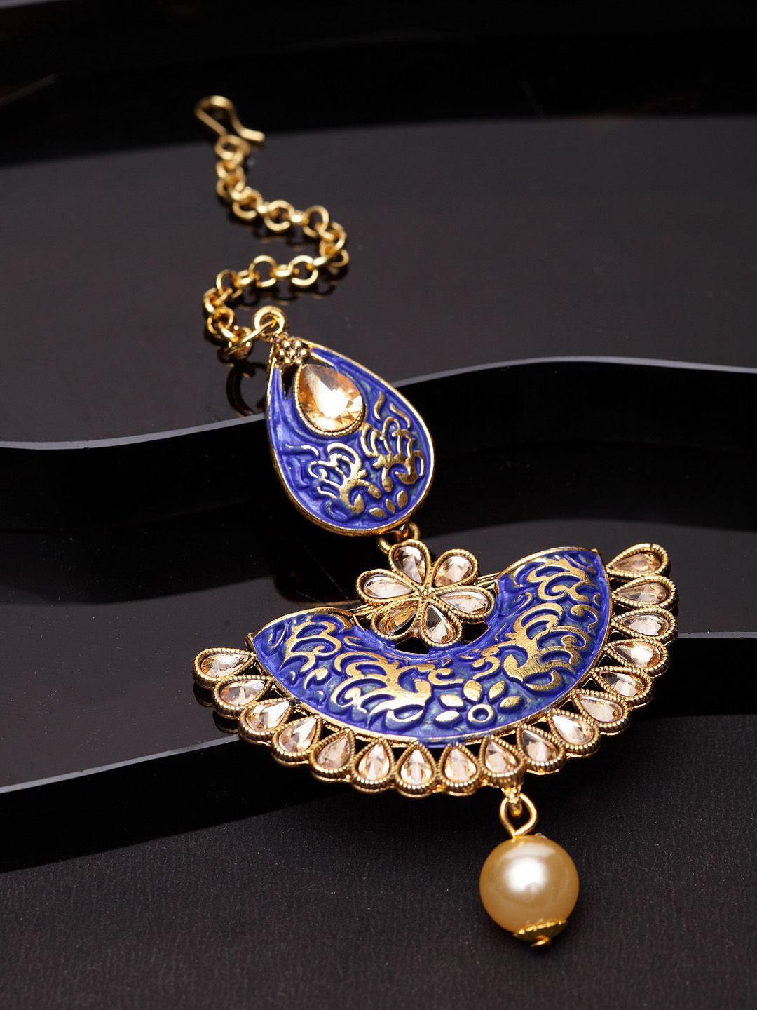 anikas creation gold-plated & blue enamelled hand-painted maang tika