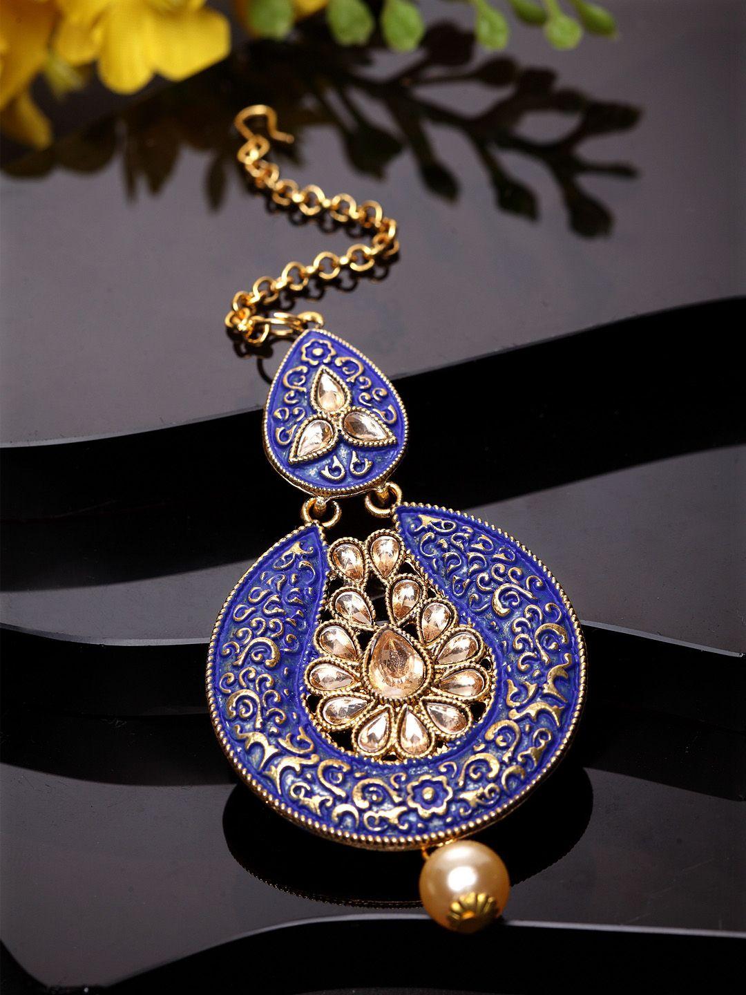 anikas creation gold-plated & blue enamelled hand-painted maang tika