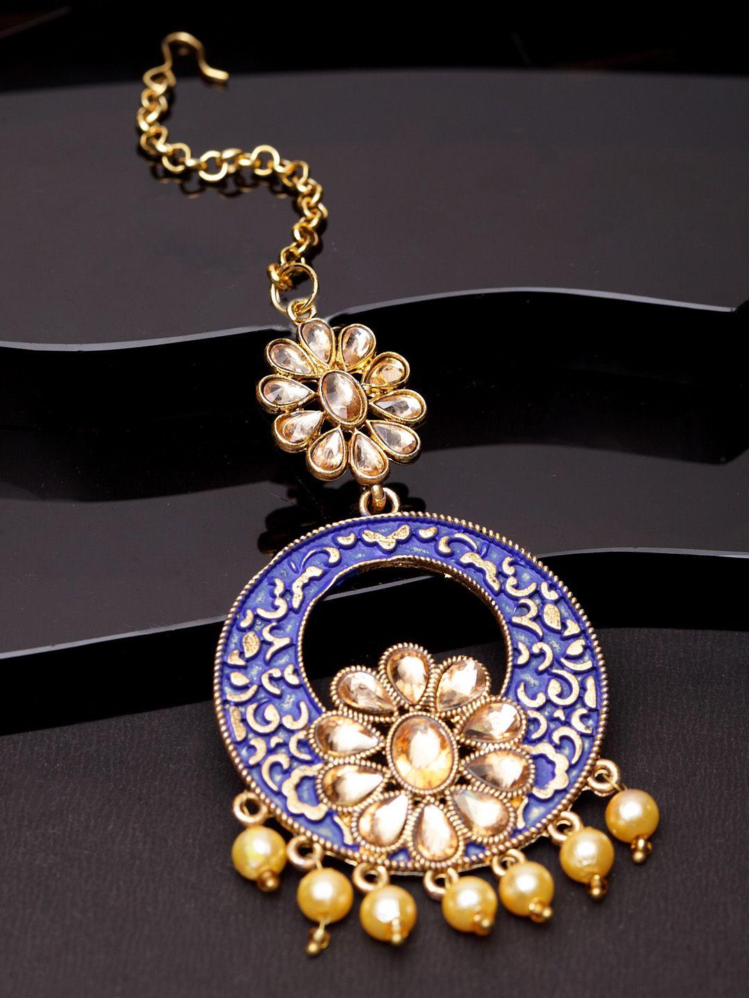 anikas creation gold-plated & blue stone studded enameled hand painted traditional maang tikka