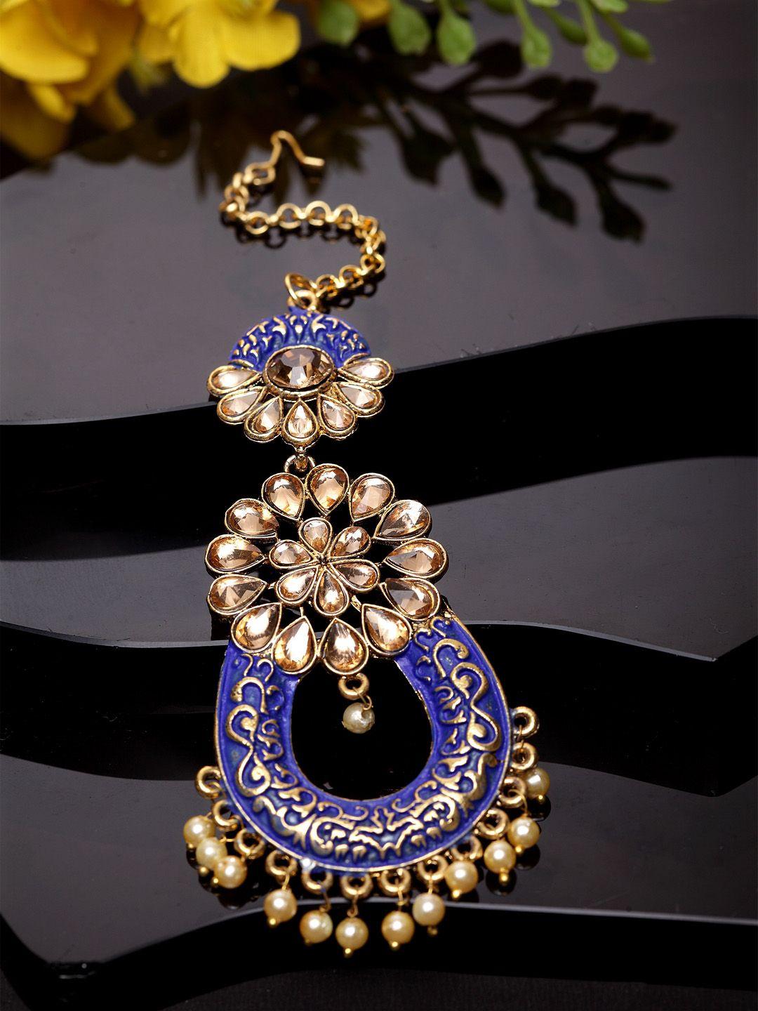 anikas creation gold-plated & blue stone studded enameled hand painted traditional maang tikka