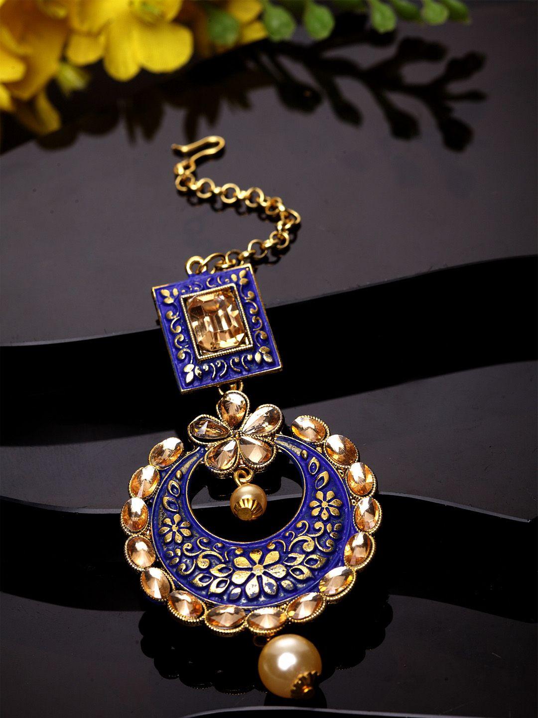 anikas creation gold-plated & blue stone studded enameled hand painted traditional maang tikka