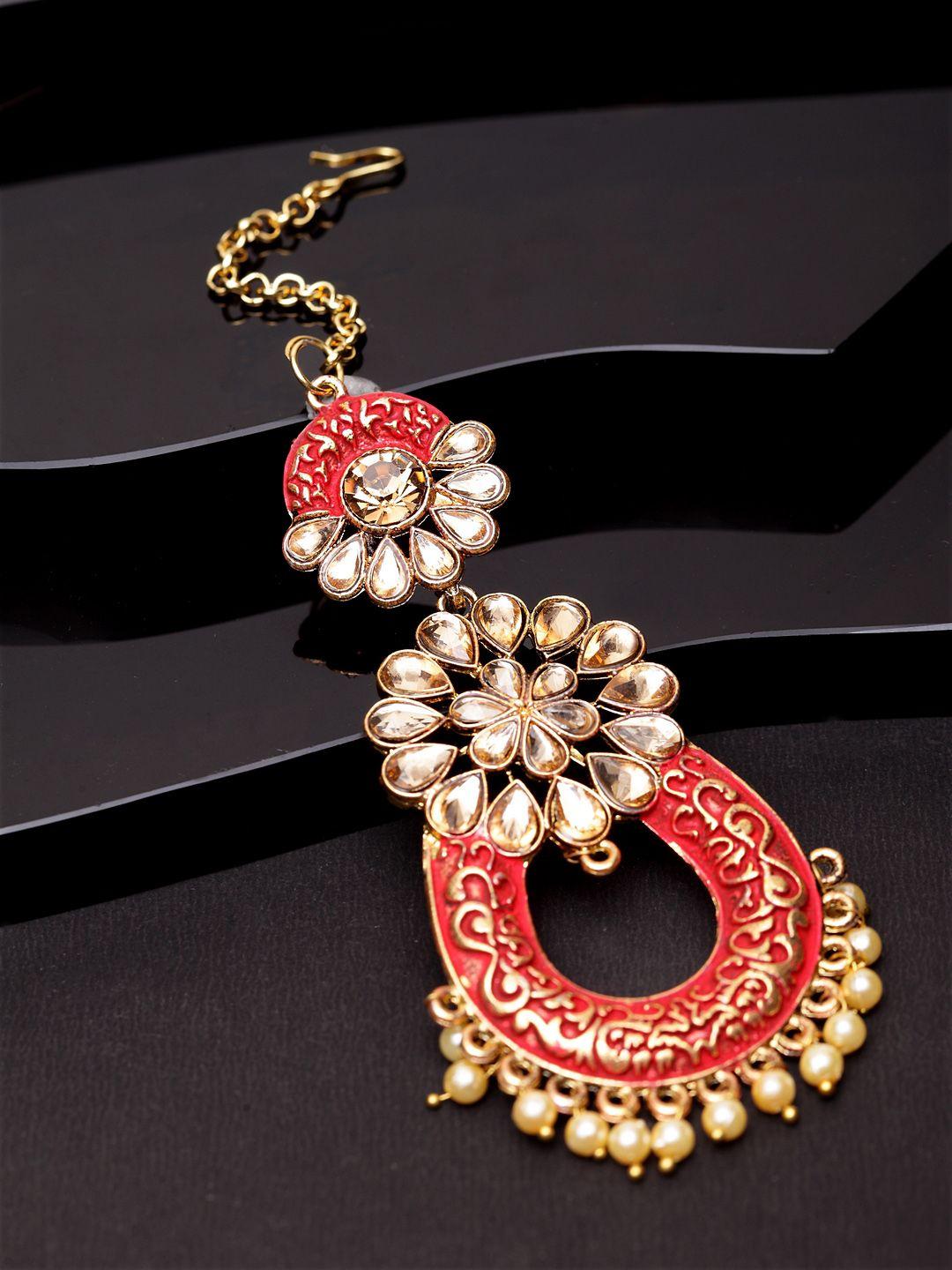 anikas creation gold-plated & coral red stone studded enameled hand painted maang tikka