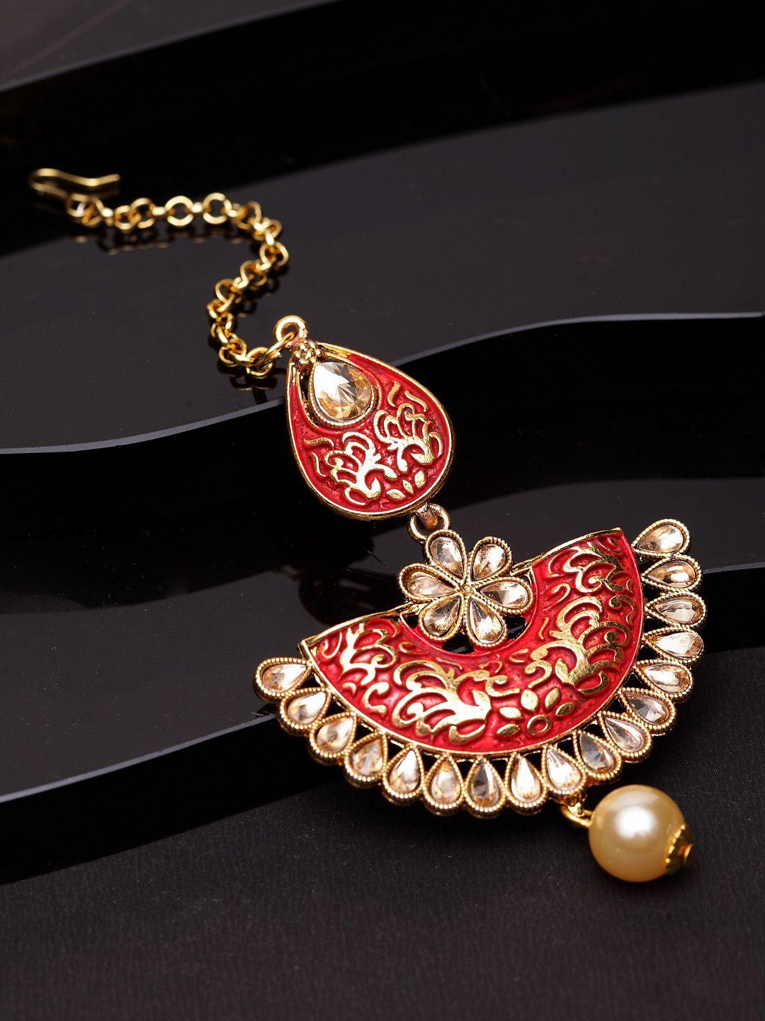 anikas creation gold-plated & coral red stone studded enameled hand painted traditional maang tikka