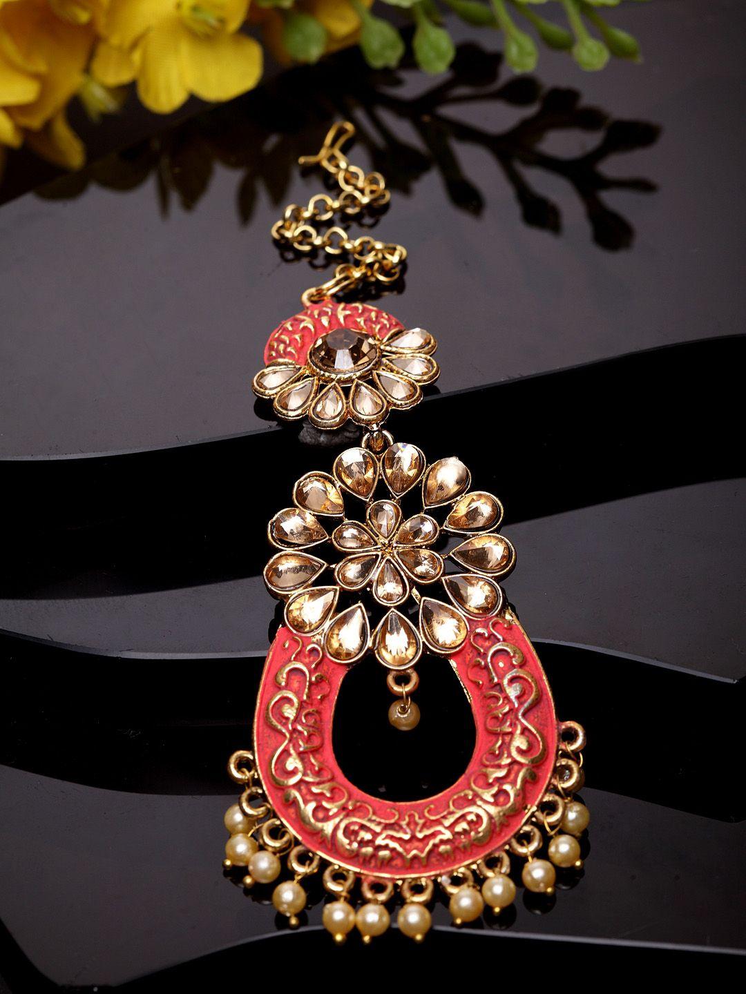 anikas creation gold-plated & coral red stone studded enameled hand painted traditional maang tikka