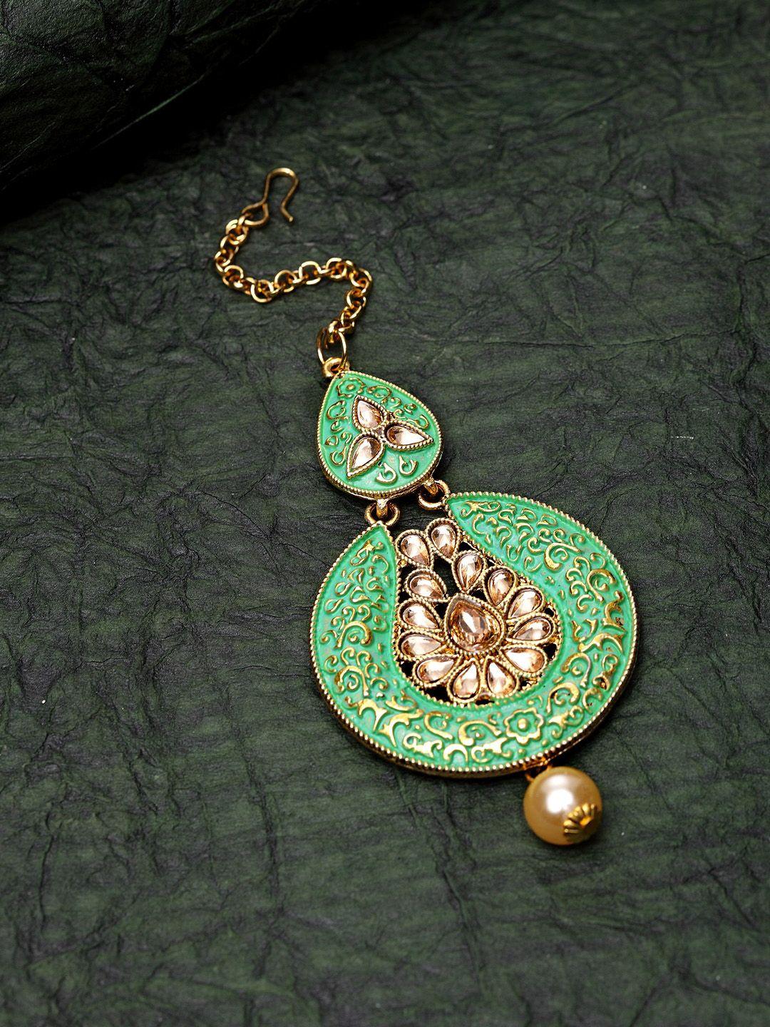 anikas creation gold-plated & green stone studded enameled hand painted traditional maang tikka