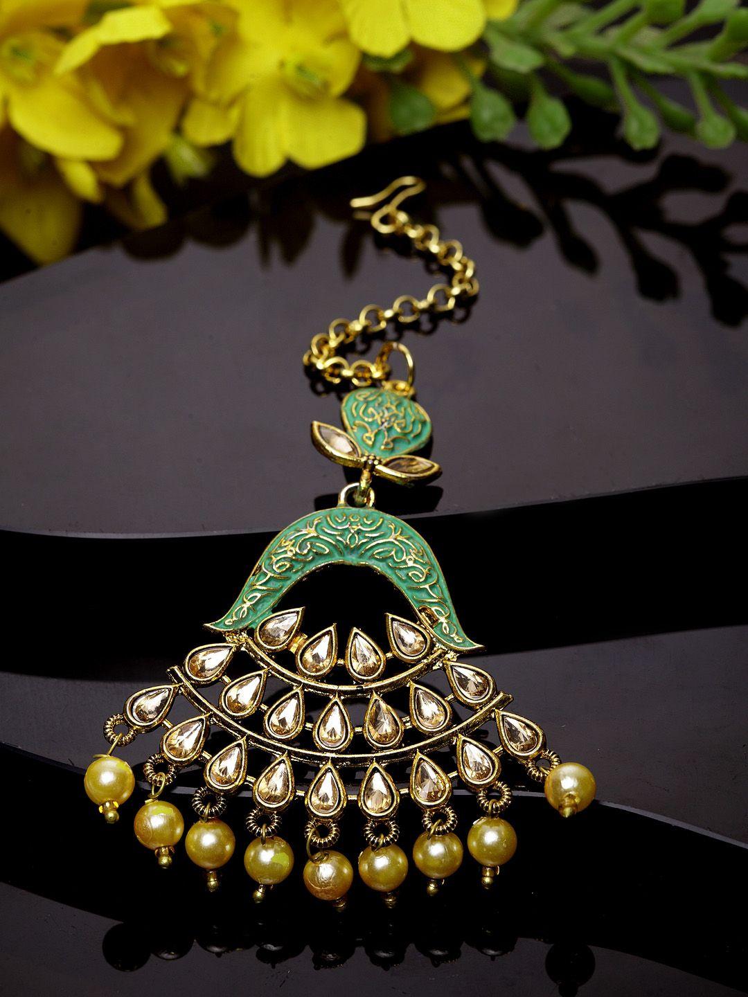 anikas creation gold-plated & green stone studded enameled hand painted traditional maang tikka