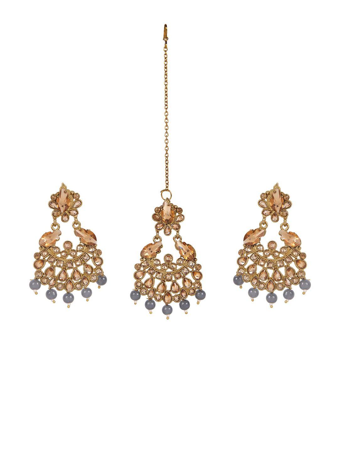 anikas creation gold-plated & grey kundan pearl earring & maangtika set