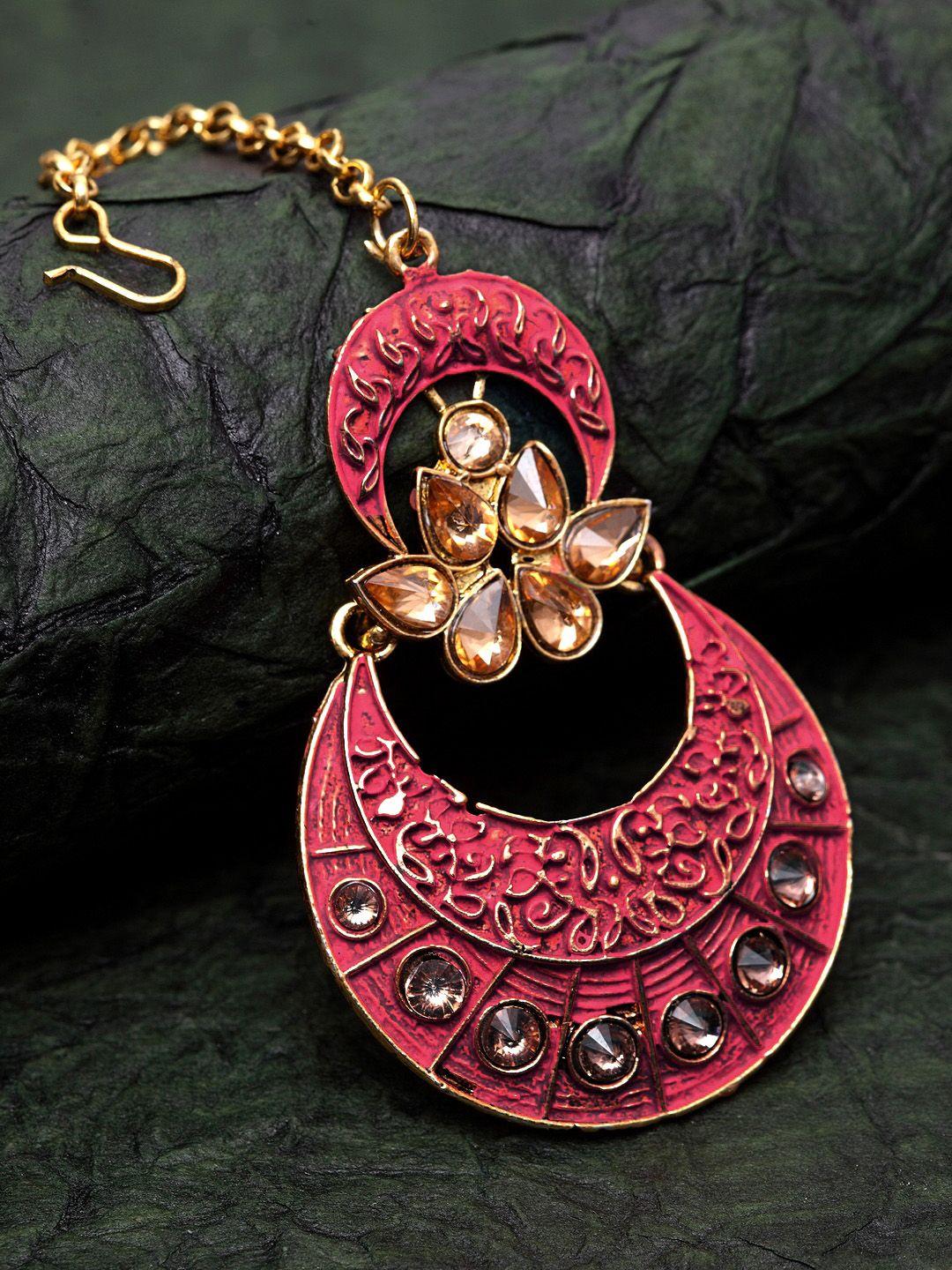 anikas creation gold-plated & magenta hand-painted stone-studded enamelled maangtika