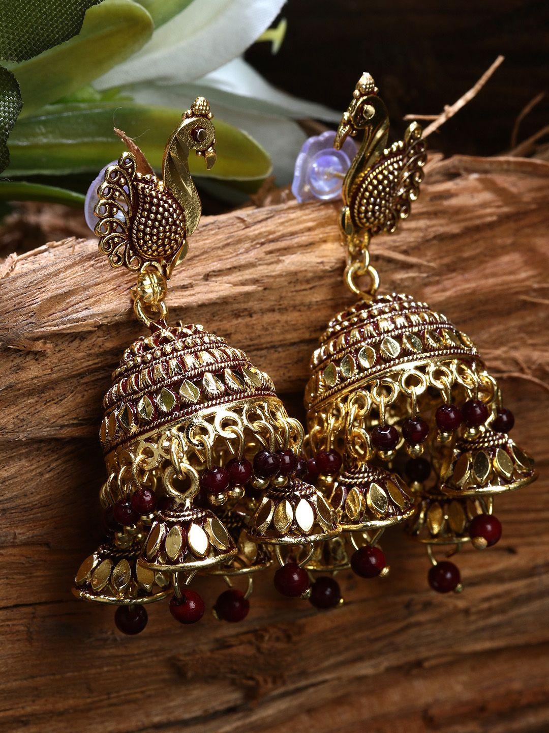 anikas creation gold plated & maroon enamelled dome shaped jhumkas