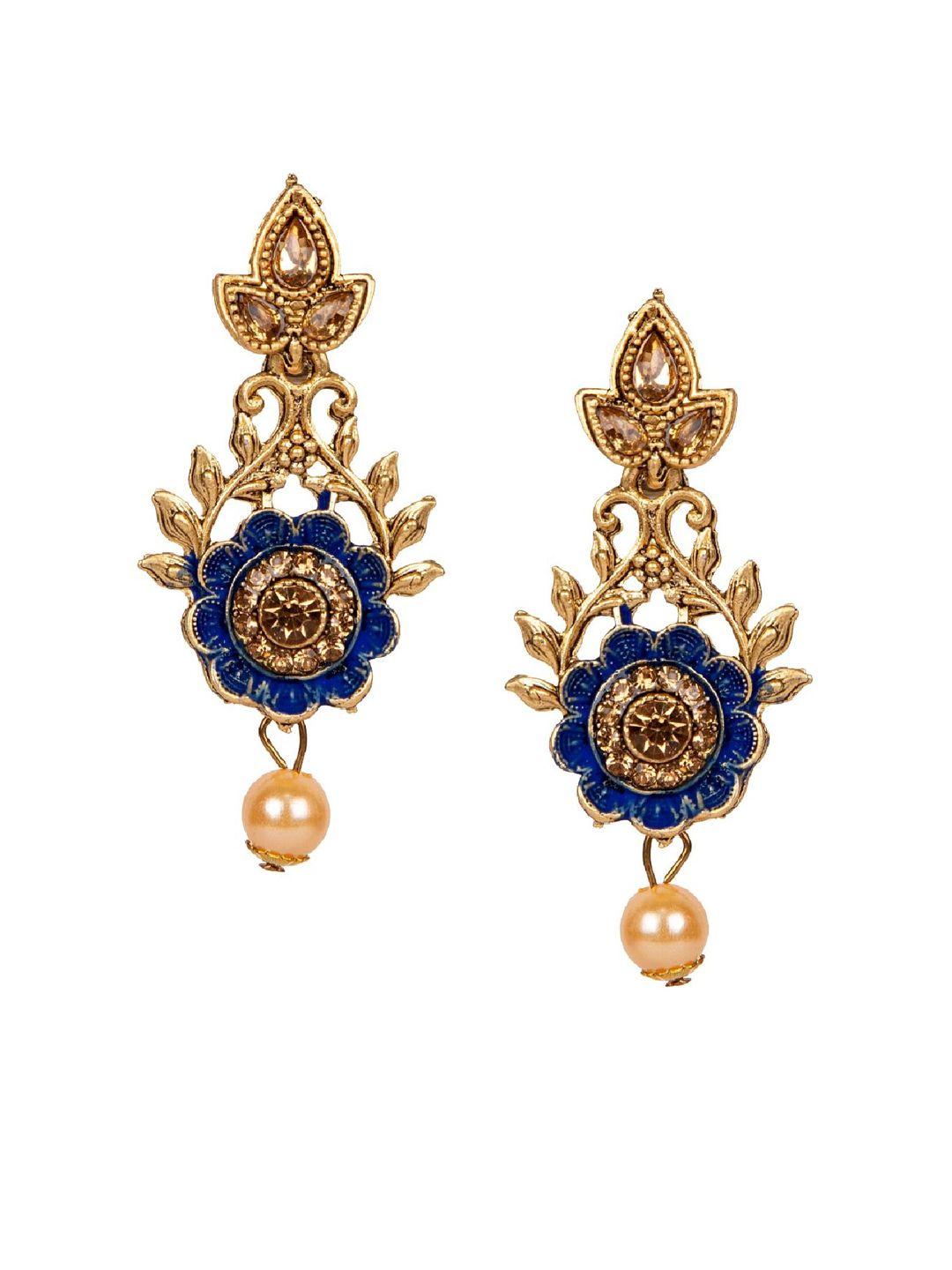 anikas creation gold-plated & navy blue enamelled classic drop earrings
