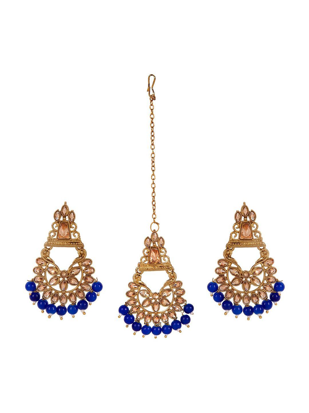 anikas creation gold-plated & navy blue kundan pearl earring & maangtika set