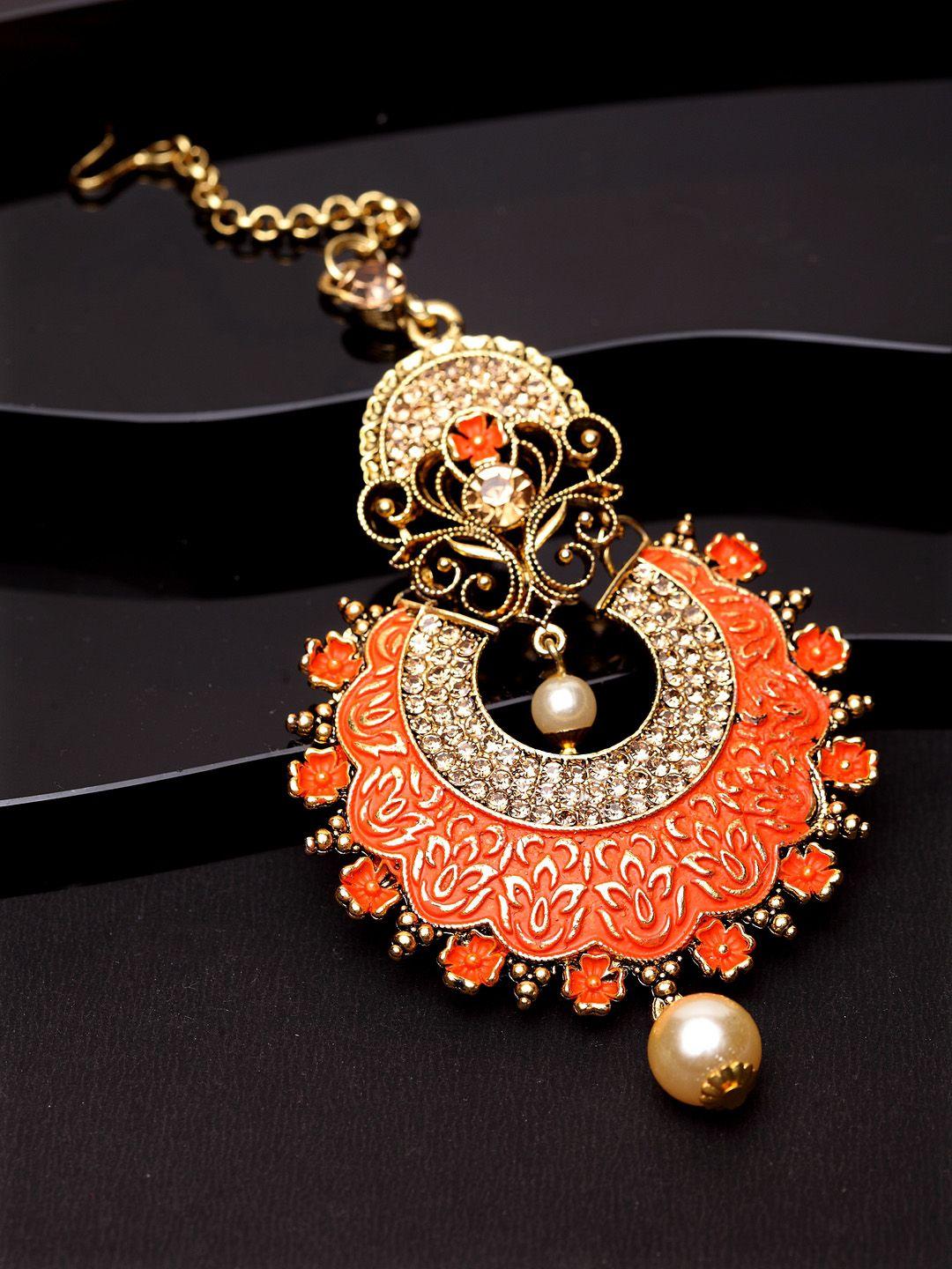 anikas creation gold-plated & orange colored stone studded enameled hand painted traditional maang tikka