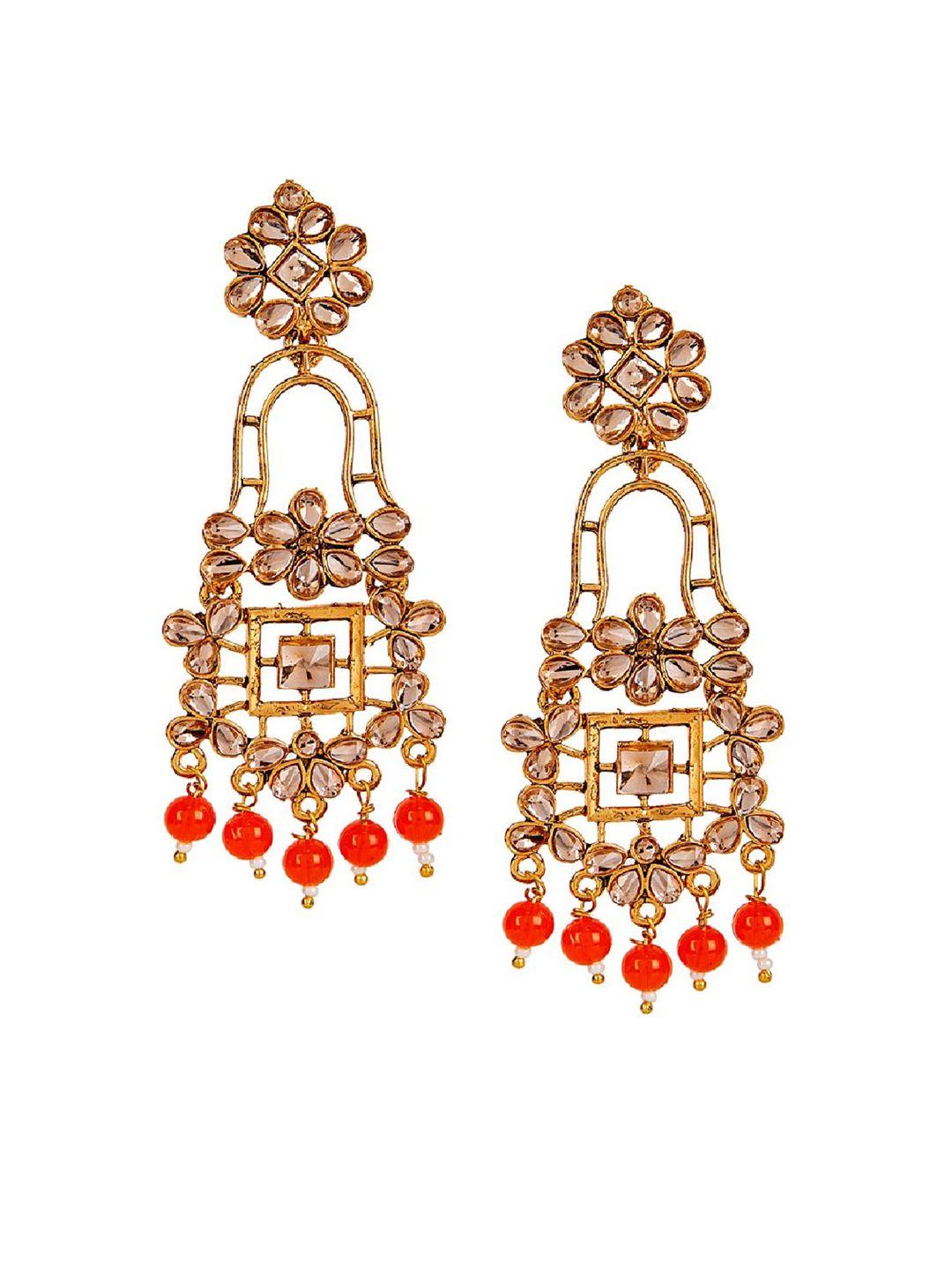 anikas creation gold-plated & orange enamelled classic drop earrings