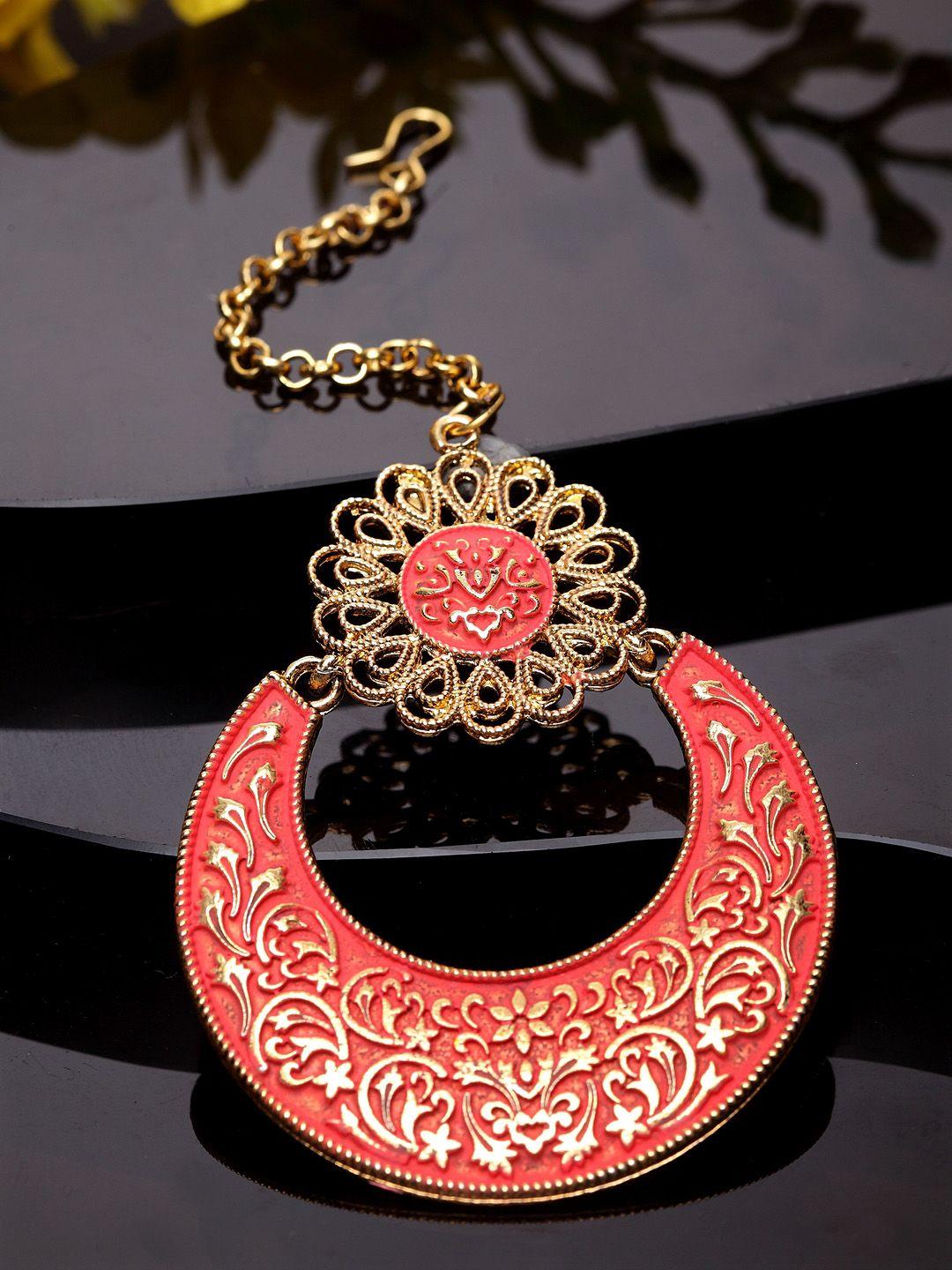 anikas creation gold-plated & pink enameled hand painted traditional maang tikka