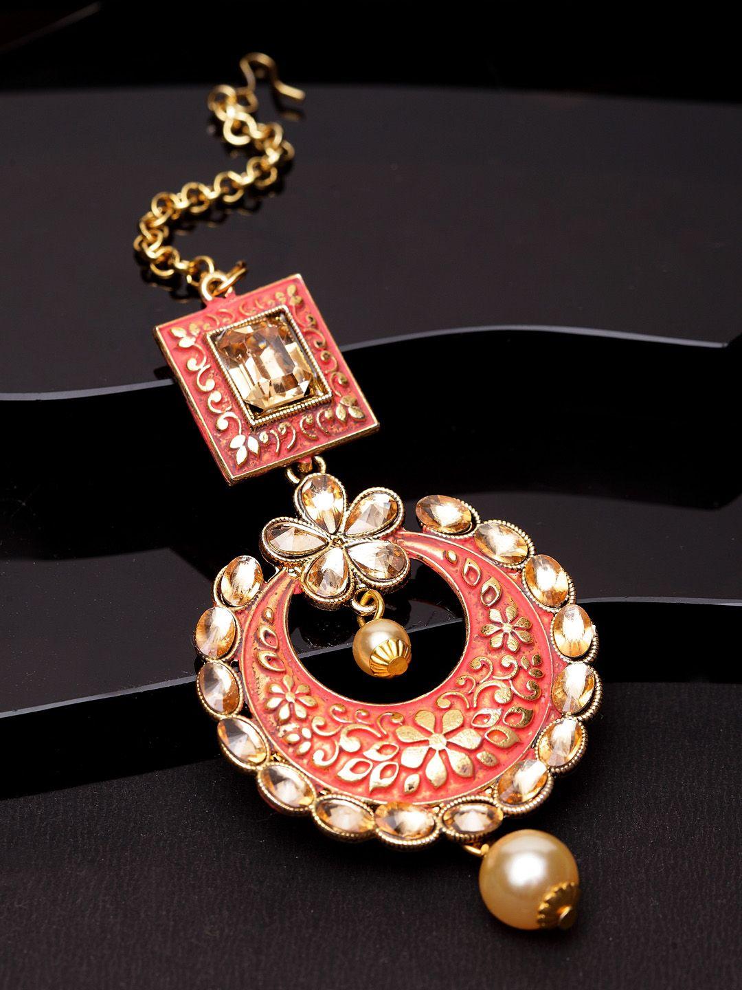 anikas creation gold-plated & pink enamelled hand-painted maang tika