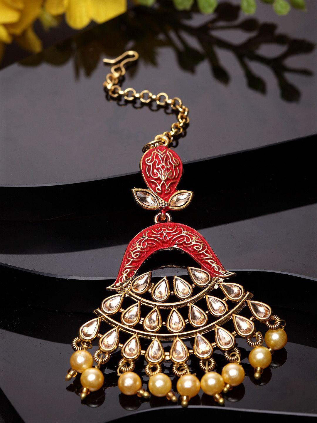 anikas creation gold-plated & red stone studded enameled hand painted traditional maang tikka