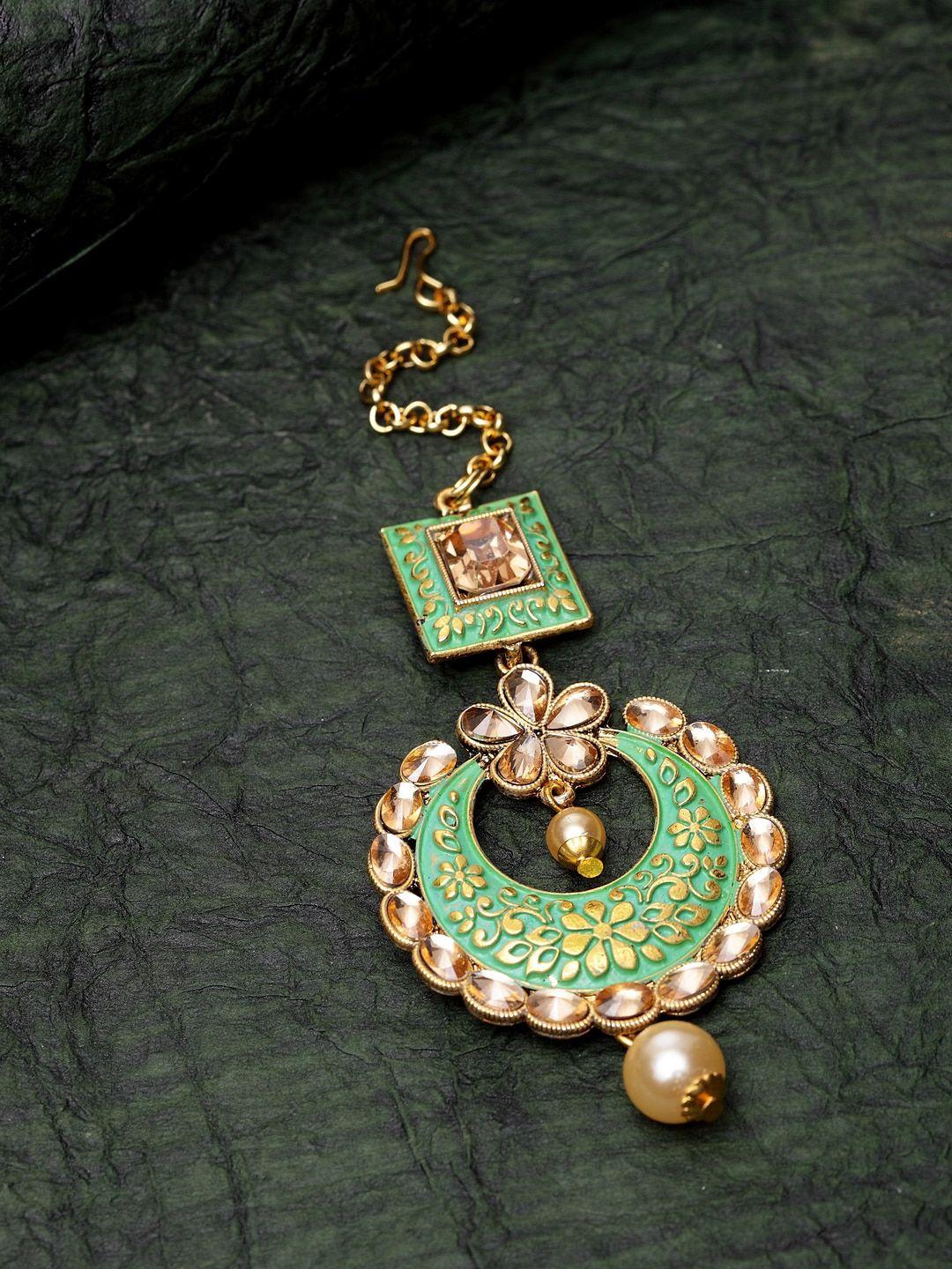 anikas creation gold-plated & sea green stone-studded & beaded maang tikka