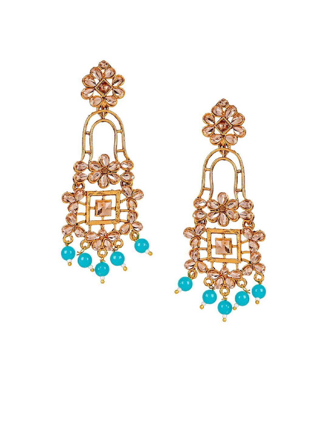 anikas creation gold-plated & turquoise blue classic drop earrings