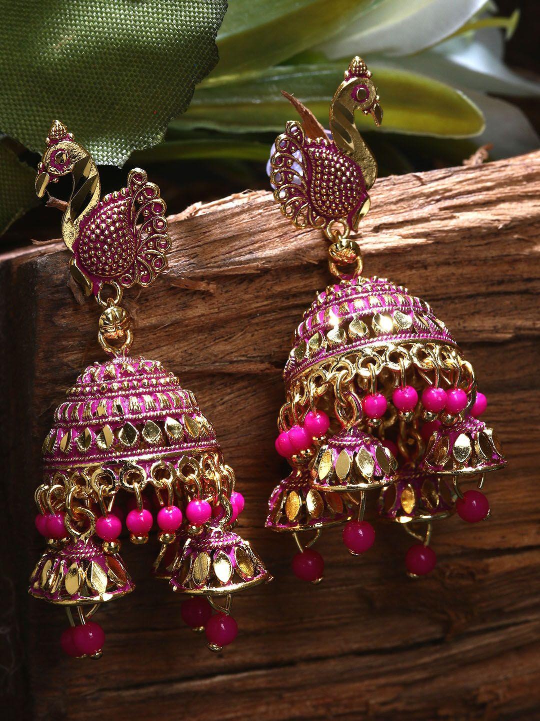 anikas creation gold-plated artificial beads contemporary jhumkas