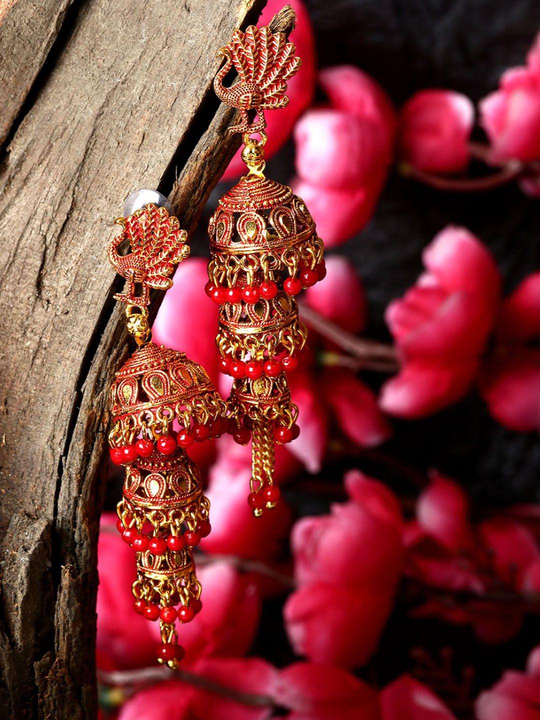 anikas creation gold-plated artificial beads contemporary jhumkas