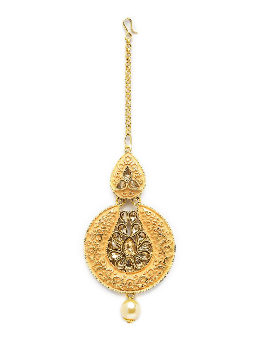 anikas creation gold-plated beige & off-white stone & pearl beaded enamelled traditional maang tikka