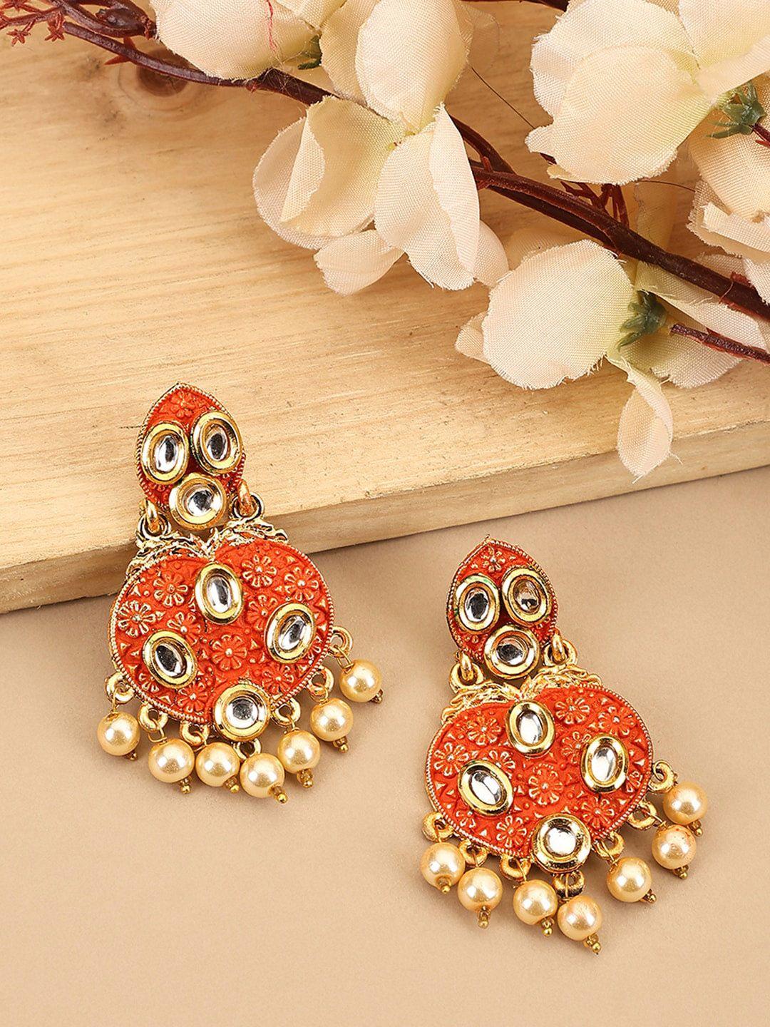 anikas creation gold plated contemporary kundan studded & beaded drop earrings