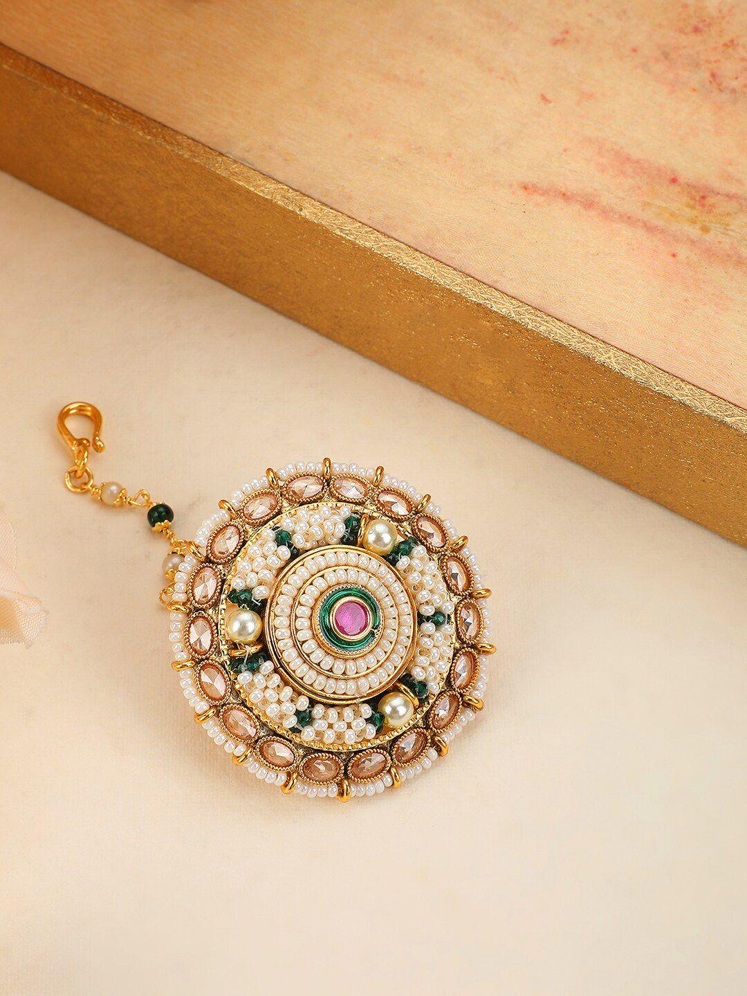 anikas creation gold-plated kundan studded & beaded borla maang tikka