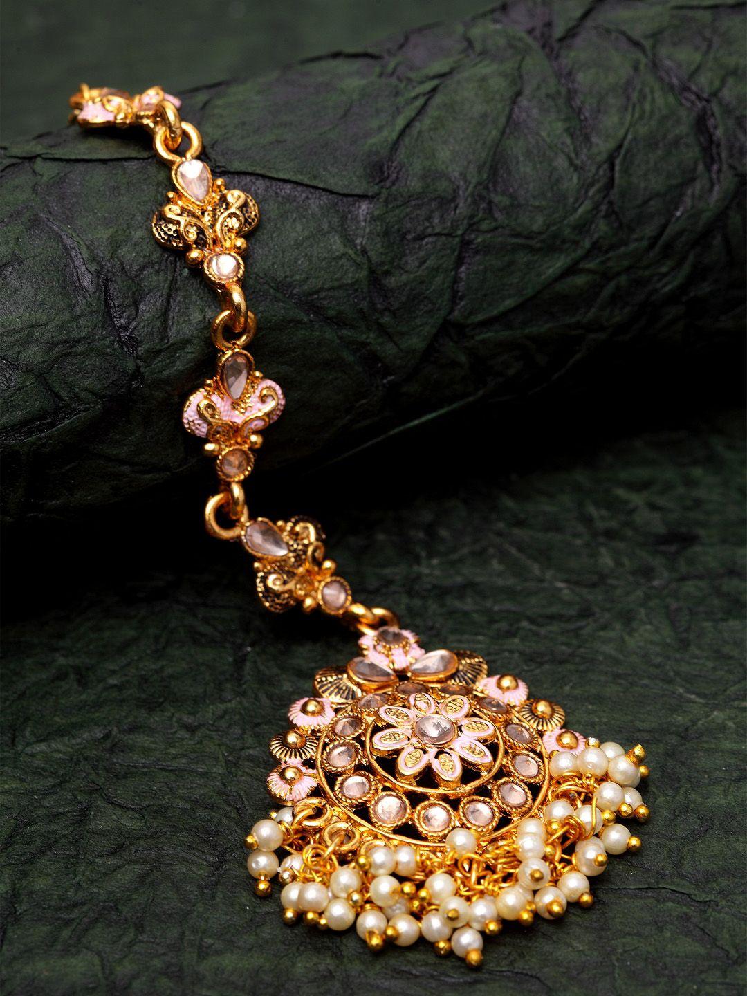 anikas creation gold-plated pink & white kundan & pearl hand-painted ganthan enamelled maang tikka