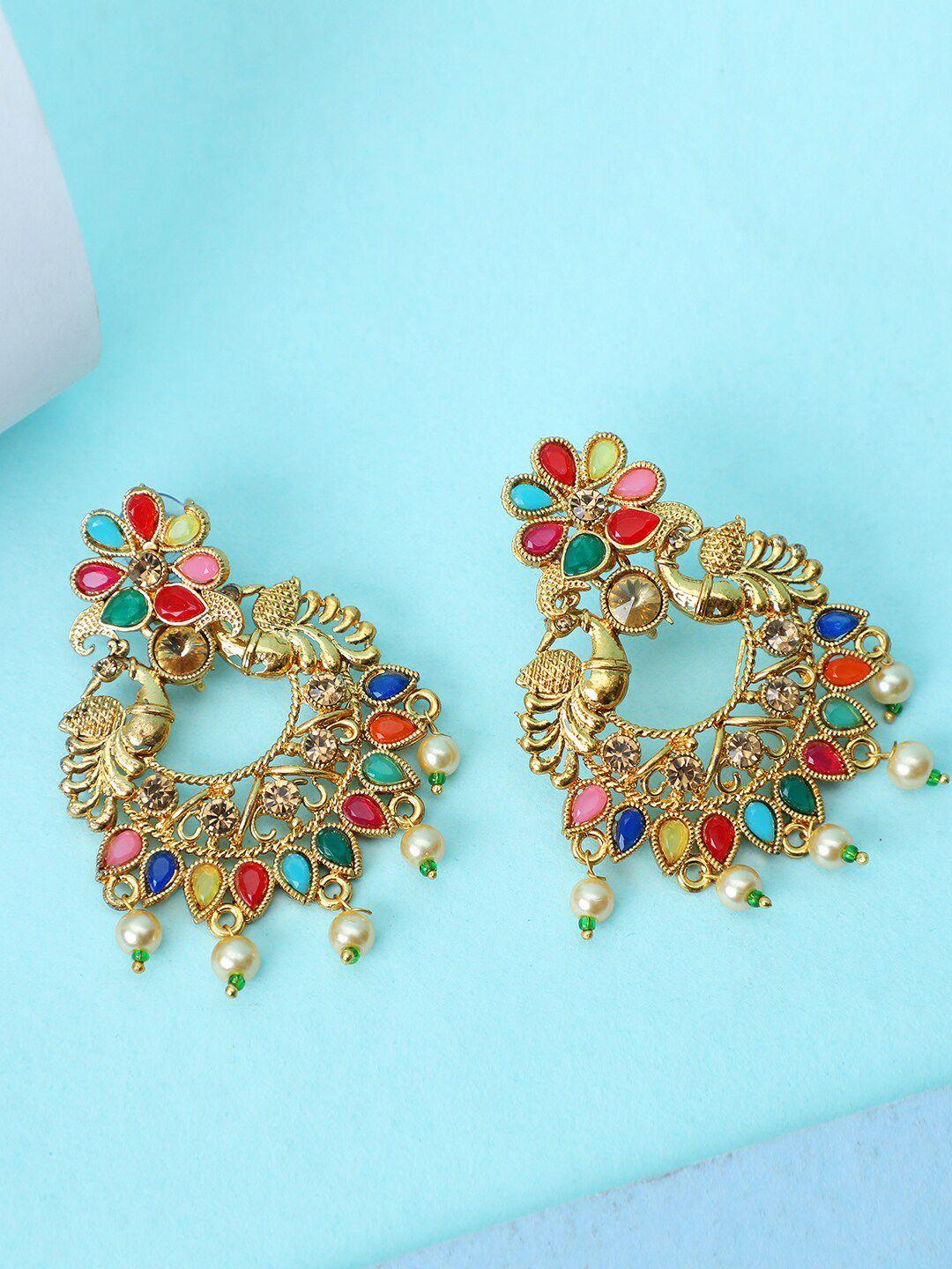 anikas creation gold plated stone and pearl peacock shaped chandbalis earrings
